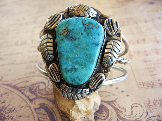 Vintage Sterling Silver Large Stone Turquoise Cuff Bracelet With Blossom Leaves