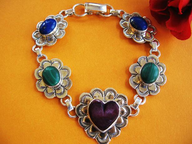 Vintage Heart Link Sterling Silver Bracelet - Multi Stone - Colorful