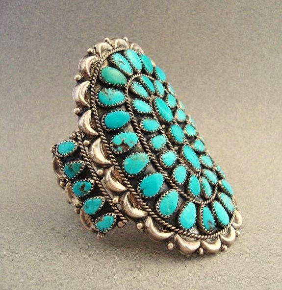 Vintage Turquoise Cluster Sterling Silver Cuff Bracelet Southwestern